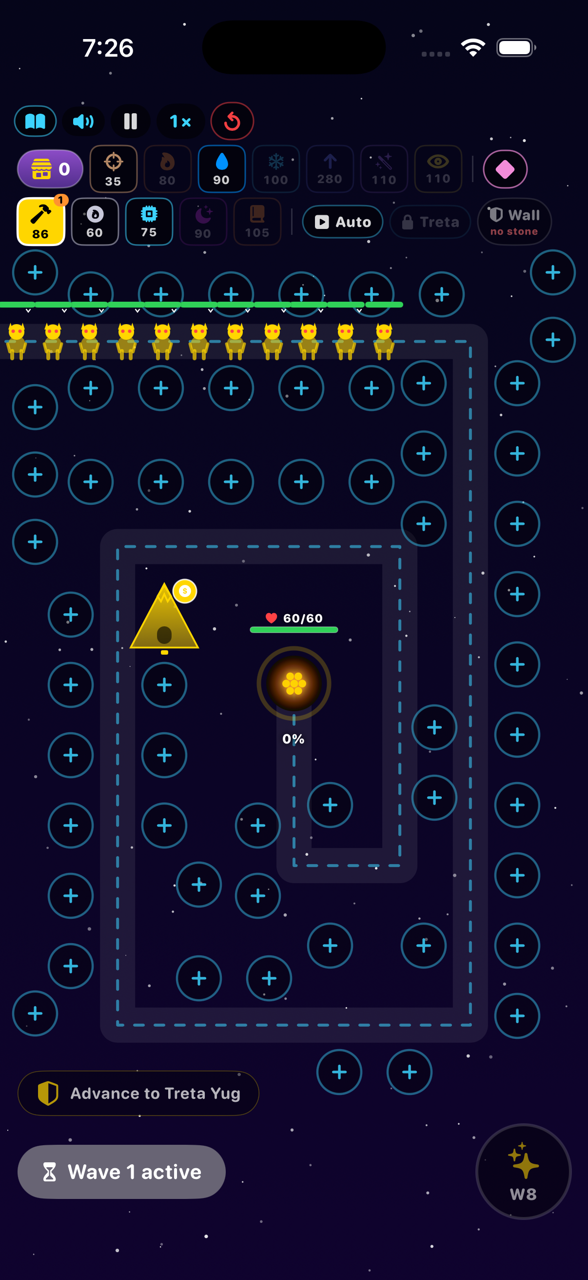 iPhone — Wave 1 active, demons marching toward the Sudarshan relic