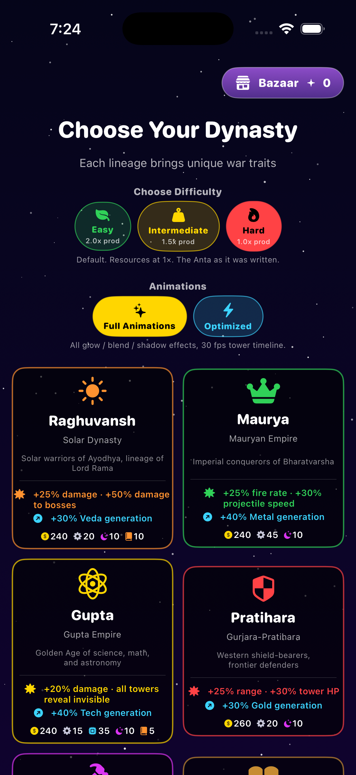 iPhone — Choose Your Dynasty screen with 9 dynasty cards