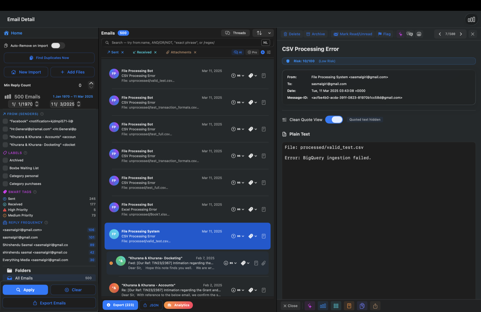 mailin inbox with an email archive loaded